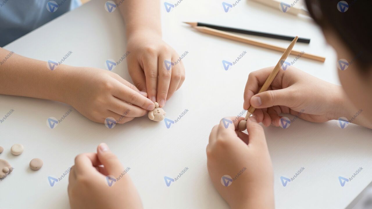 Детские руки лепят фигурки из полимерной глины на столе. Детские руки лепят фигурки из полимерной глины на столе.