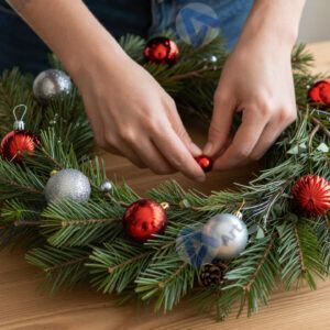 Изготовление новогоднего венка из веток и декора на деревянном столе.