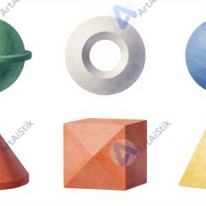 Коллаж из отсечённых частей геометрических фигур на белом фоне.