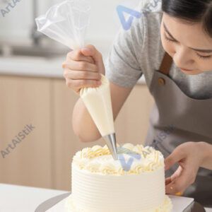 Мастер украшает торт кремом из кондитерского мешка.