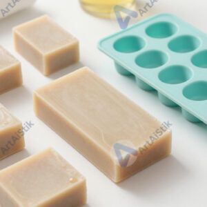 Стол с заготовками для мыла ручной работы и силиконовыми формами.