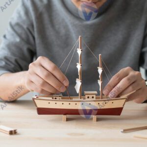 Человек собирает модель деревянного корабля из мелких деталей.
