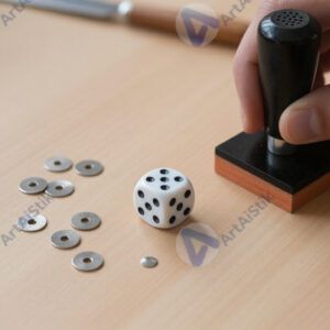 Стол с матрицей для штамповки и маленькими металлическими заготовками.