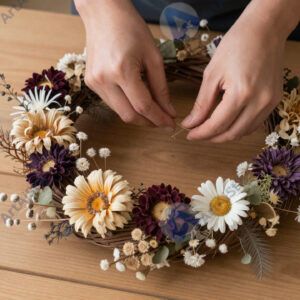 Изготовление венка из сухоцветов на деревянном столе.