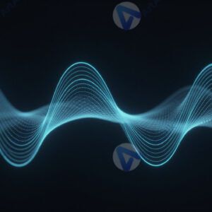 Абстрактная цифровая волна из светящихся линий на тёмном фоне.