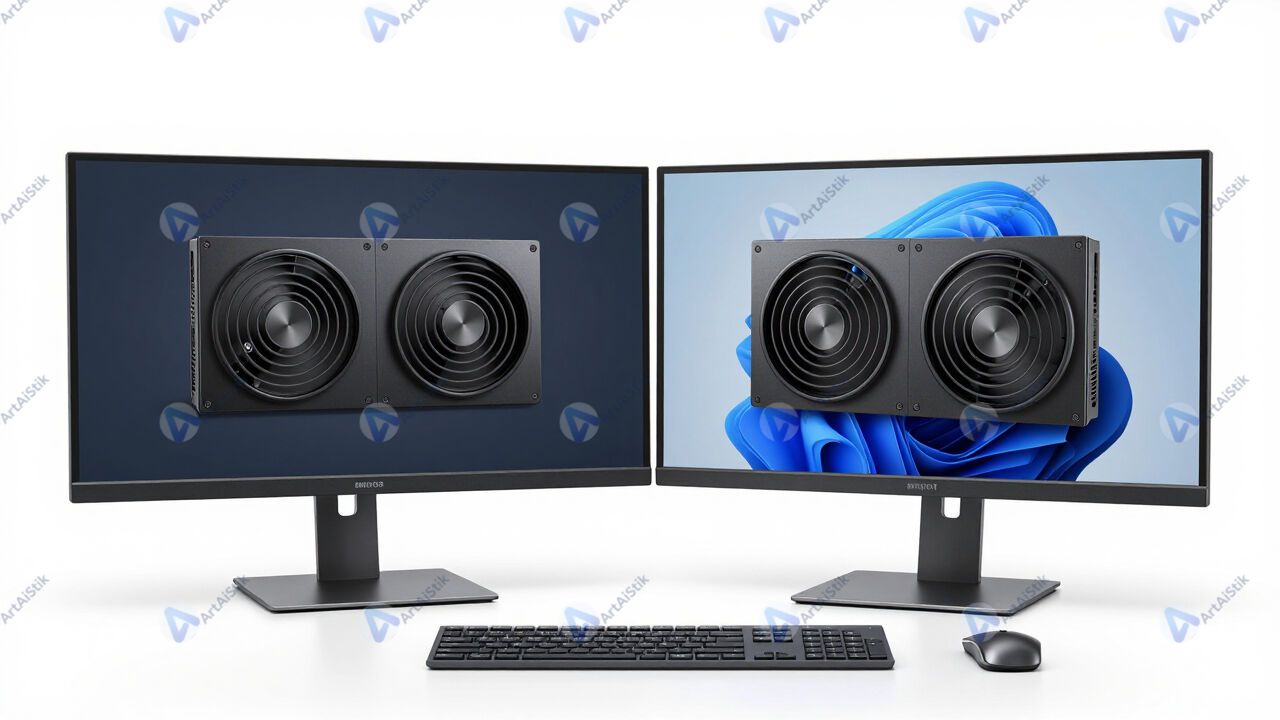 Настольный компьютер с двумя мониторами, графики на экранах. Настольный компьютер с двумя мониторами