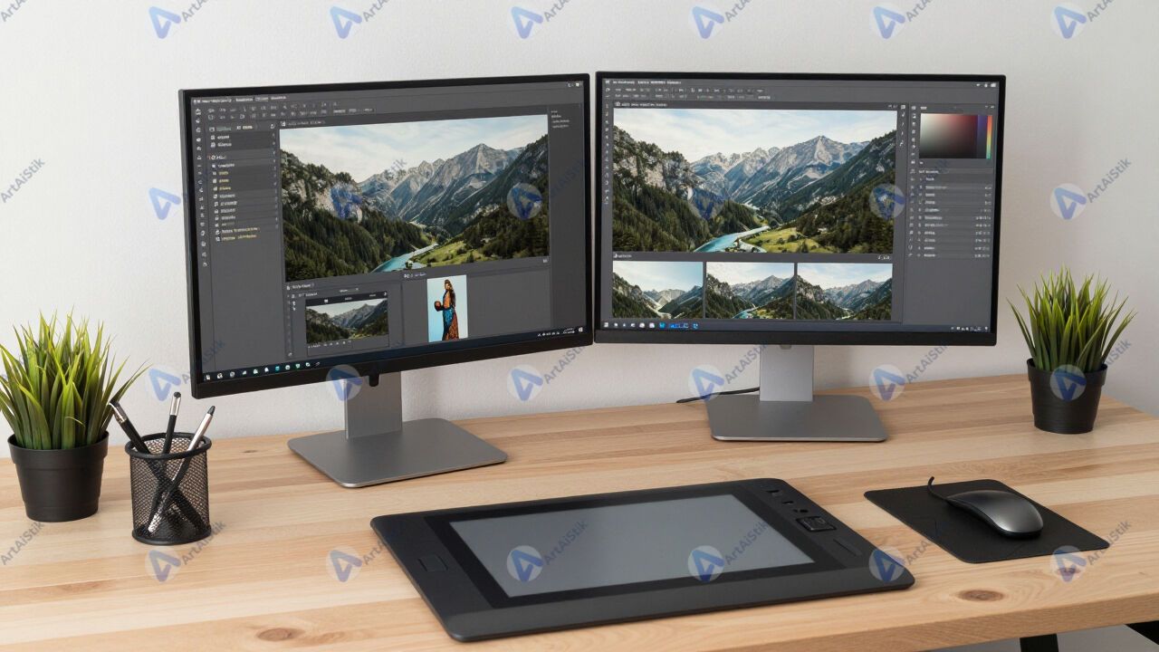 Рабочее место дизайнера: большой монитор, графический планшет. Рабочее место дизайнера