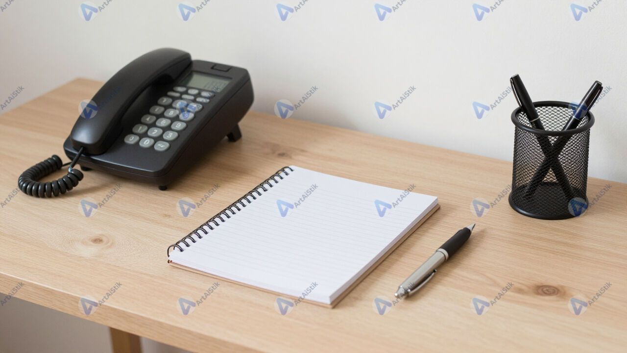 Рабочий стол с телефонным аппаратом, блокнотом и подставкой для ручек. Рабочий стол с телефонным аппаратом