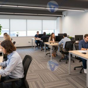 Коворкинг‑пространство с разными рабочими зонами и людьми за ноутбуками.