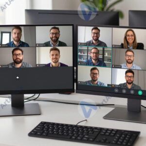 Рабочее место с двумя мониторами и открытым видеочатом команды.