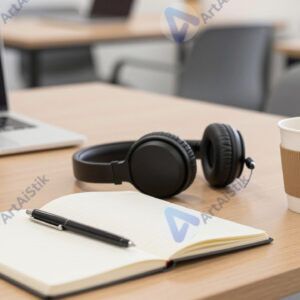 Рабочее место в коворкинге с наушниками