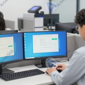 Рабочее место с несколькими мониторами и биржевым терминалом.