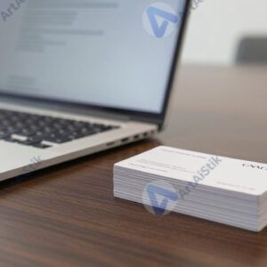 Стол с ноутбуком и стопкой визиток