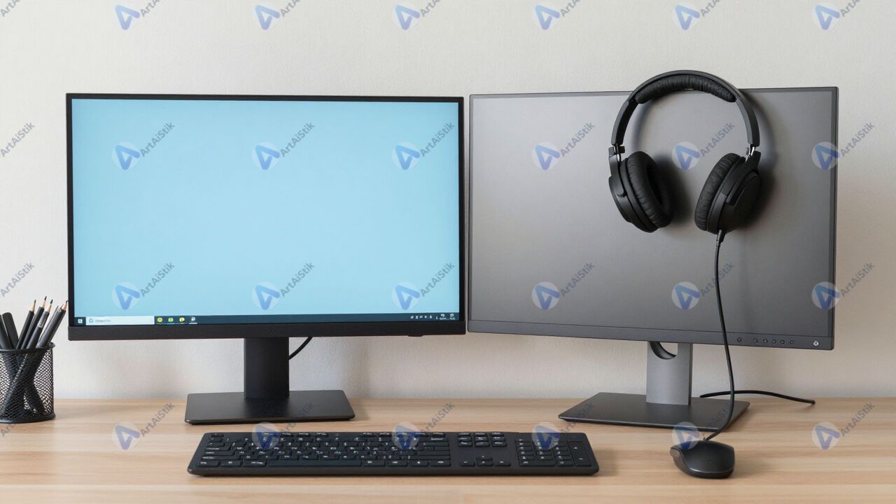 Рабочее место с двумя мониторами и наушниками, удалённая работа. Рабочее место с двумя мониторами и наушниками