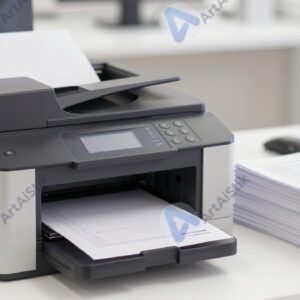 Рабочее место с небольшим принтером и стопкой бумаги.