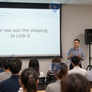 Оратор у экрана с слайдами