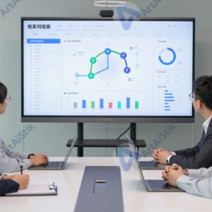 Команда в переговорной смотрит на дашборд проекта на большом экране.