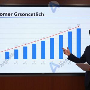 Презентующий показывает диаграмму роста клиентов на экране.