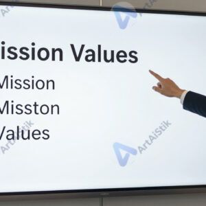 Руководитель показывает на слайд с миссией и ценностями компании.