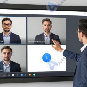 Ведущий вебинара стоит у большой сенсорной панели