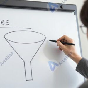 Человек у флипчарта чертит воронку продаж и KPI.