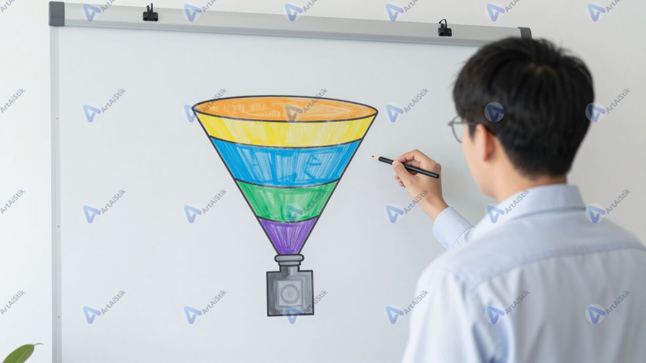 Спикер у флипчарта с расписанной воронкой конверсий. Спикер у флипчарта с расписанной воронкой конверсий.