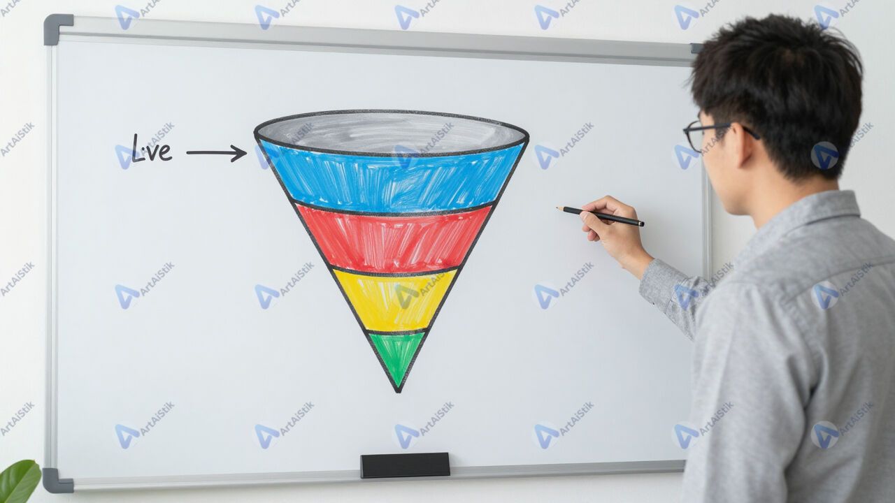 Спикер у флипчарта с расписанной воронкой конверсий. Спикер у флипчарта с расписанной воронкой конверсий.