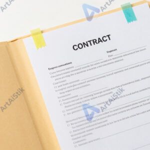 Открытая папка с договорами и стикерами‑закладками.