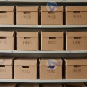 Старый архив с коробками документов на стеллажах.