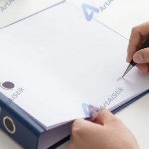 Человек сшивает документы в папку‑скоросшиватель.