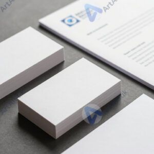 Стопка визиток и фирменные бланки на столе.