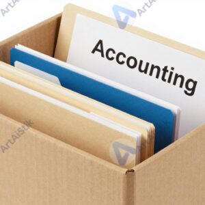 Коробка с надписью «Бухгалтерия» и папками внутри.