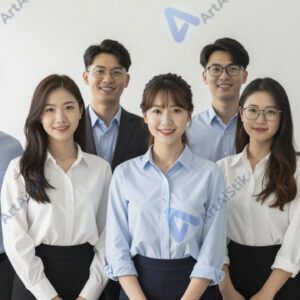 Команда из шести человек стоит в офисе