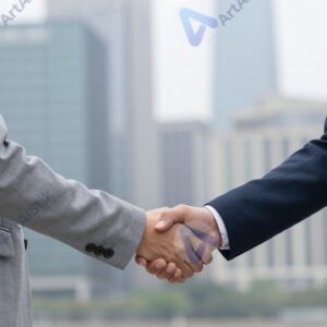 Двое коллег обмениваются рукопожатием на фоне города.
