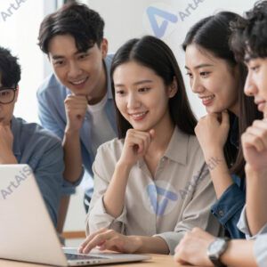 Команда смотрит на экран ноутбука