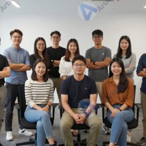 Групповое фото команды стартапа в коворкинге.