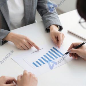 Коллеги обсуждают диаграмму на распечатке