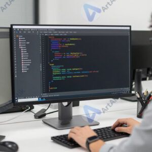 Команда IT‑разработчиков у большого монитора с кодом.