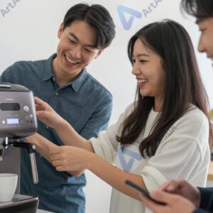 Коллеги смеются у кофемашины во время перерыва.