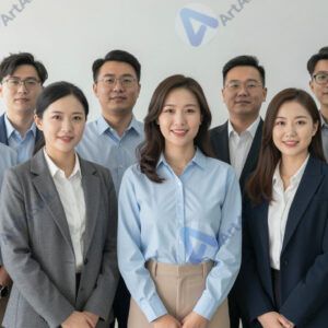 Команда из разных возрастов и национальностей позирует в офисе.