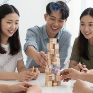 Команда строит башню из кубиков в упражнении по тимбилдингу.