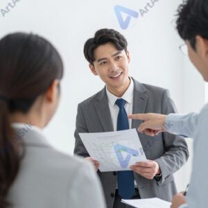 Руководитель показывает на диаграмму