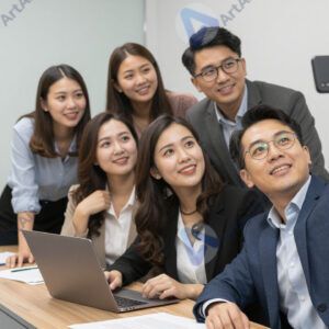 Команда делает селфи в переговорной после успешного проекта. Команда делает селфи в переговорной после успешного проекта.