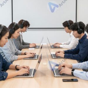 Команда работает за длинным столом в open space