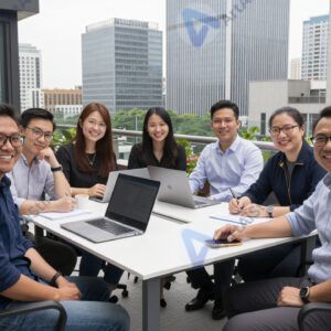 Команда на террасе офиса с видом на город