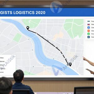 Команда логистики у большого экрана с картой маршрутов.