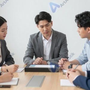 Коллеги собираются вокруг стола с прототипом продукта.