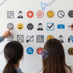 Команда маркетинга проводит мозговой штурм у стены со стикерами.