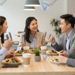 Группа коллег за обедом в офисной столовой