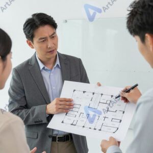 Два сотрудника смотрят на план этажа офиса